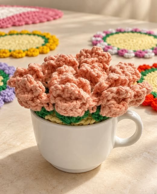 Flores de crochê em uma xícara, entre descansos de panela coloridos