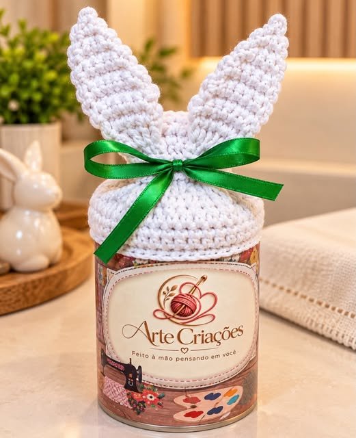 Lata decorada com enfeite de coelho em crochê e a etiqueta da Arte Criações